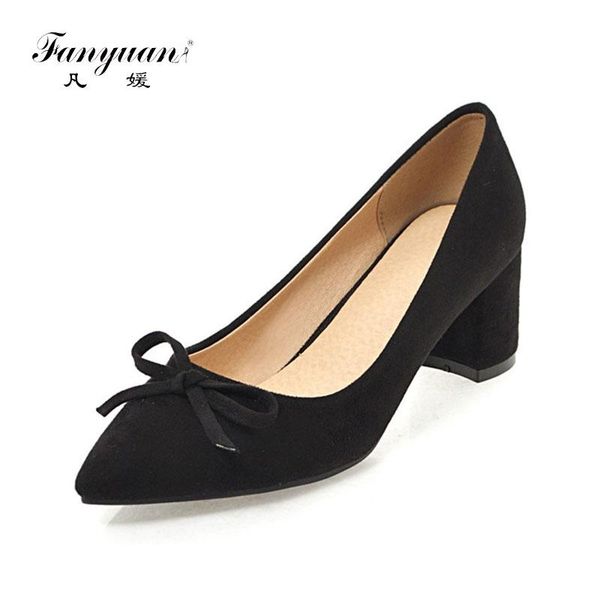 

fanyuan 2021 women's cute bowtie knot chunky heels pointed toe pumps quality nubuck upper 3 colors shoes woman big size 34-43, Black