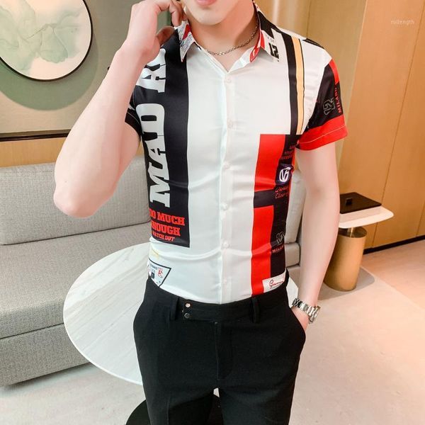 

2020 summer shirt men print short sleeve shirt slim fit casual formal streetwear social shirts brand men clothes chemise homme1, White;black