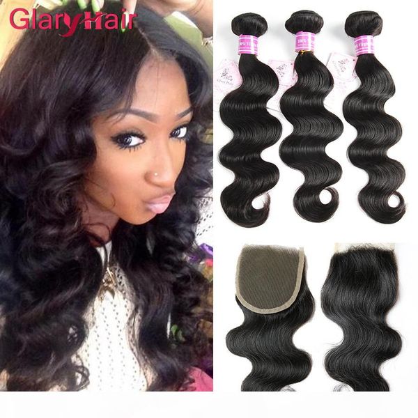

most popular brazilian human hair wefts with closure 3 bundles and 4x4 lace closure body wave hair weaves remy human hair extensions, Black;brown