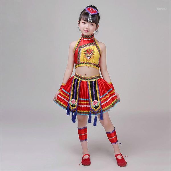 

blue kids ballroom chinese folk dancewear costumes child short sleeves mongolian nationality dance dress with the headwear dress1, Black;red