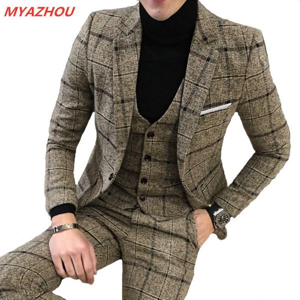 

jacket + pants + vest) luxury slim 3 piece suit men's suit latest design fashion men plaid wedding dress tuxedo men's, White;black