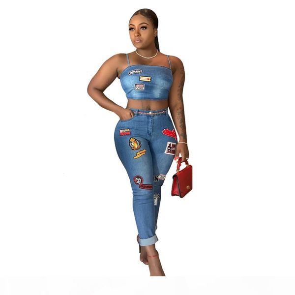 

cartoon patch jeans two piece set fashion designed spaghetti straps crop curled jeans 2019 new women night club suit casual outfits, Blue