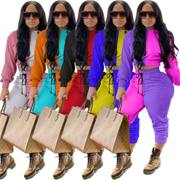 

ladies colors splicing sport sets fashion trend long sleeve hooded drawstring pant suits designer female winter loose casual tracksuits, Gray