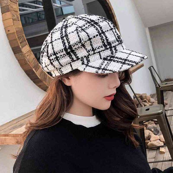 

vintage men women autumn winter plaid warm beret wide brim octagonal cap, Blue;gray