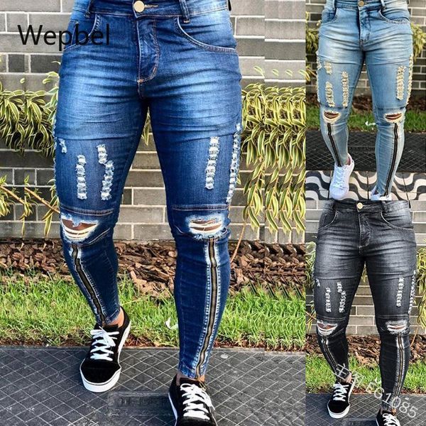 

wepbel autumn men's fashion holes skinny jeans zipper washed plus size denim pants mid waist punk pencil jean trousers1, Blue