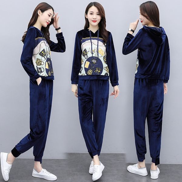 

autumn 2020 korean version autumn two- korean version two-piece loose and thin foreign style gold velvet printed sports leisure suit fashion, Gray