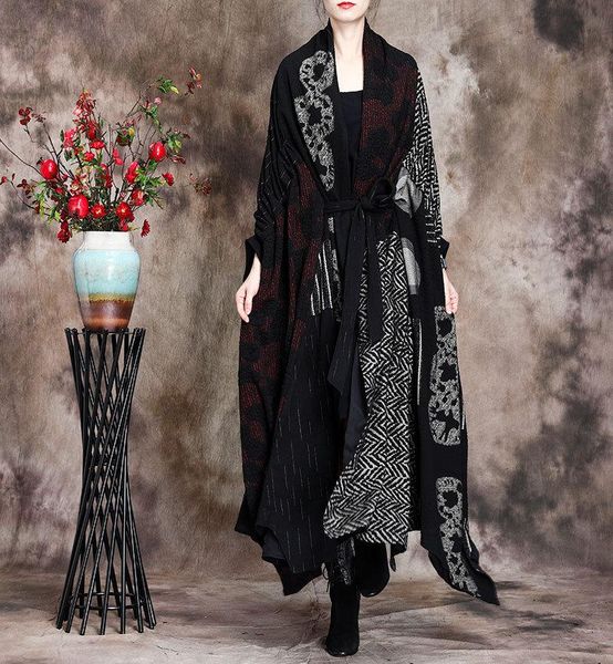 

women's trench coats women high fashion print full length overcoats vintage irregular hem loose maxi female outwear ,a342, Tan;black