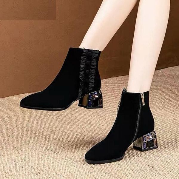 

boots 2021 winter women faux suede ankle rhinestone heels dress shoes black flounce square booties flock botas mujer 8800n