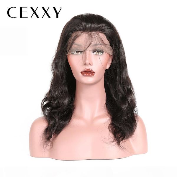 

cexxy] onecut hair body wave 360 lace frontal 8-28" p remy human hair wigs natural color 360 lace frontal wig, Black