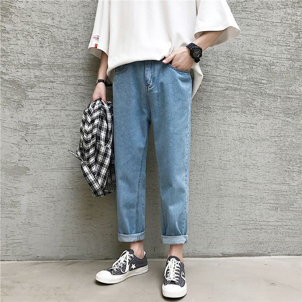 

summer boys' light color nine point jeans men's thin korean fashion brand loose student straight tube drop feeling wide leg pants, Blue