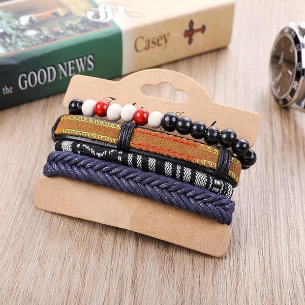 

eif dock 4pcs/set handmade fashion trendy vintage female femme homme male punk wood bead charm men leather bracelet f qylgtt