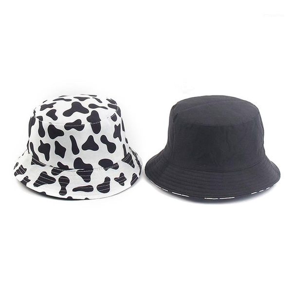 

new fashion reversible black white cow pattern bucket hats fisherman caps for women gorras summer1, Blue;gray