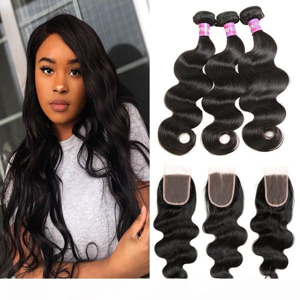 

grade 10a brazilian virgin human hair body wave 3 bundles with 4x4 lace closure middle three part natural color extensions, Black;brown