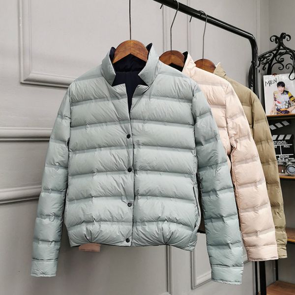 

european autumn and winter new lightweight down jacket women's short seamless pressure glue contrast color double-sided wear lapel brea, Black