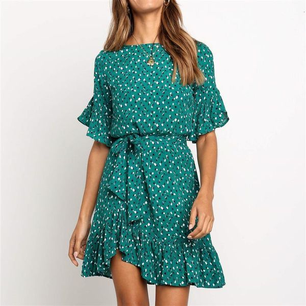 

ruffles floral print dress women summer short sleeve o-neck sashes dress ladies mini boho beach sundresses, Black;gray