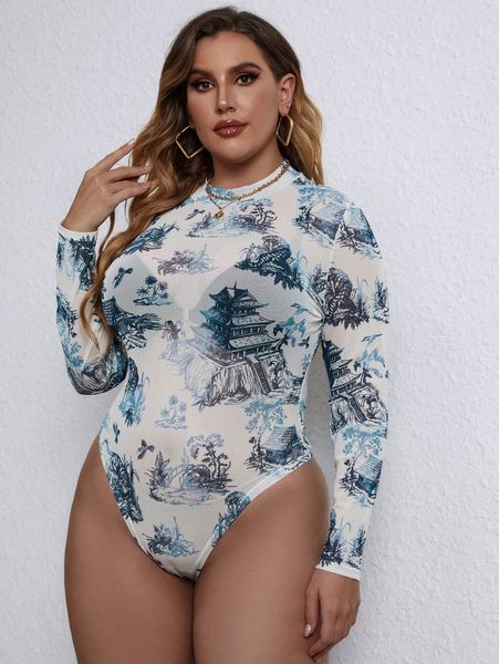 

plus landscape print mock neck mesh bodysuit without lingerie g6np#, Black