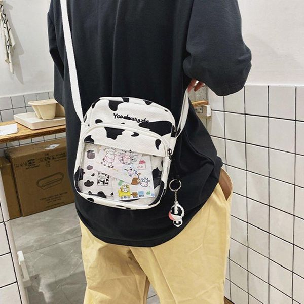 

women girl cartoon cow print shoulder crossbody bag canvas satchel messenger tote purse