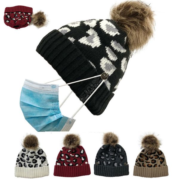 

fashion leopard knitted cuff beanies with face mask button holder designers cuffed skull caps removable pom bobble hat ski sport hat d102704, Yellow
