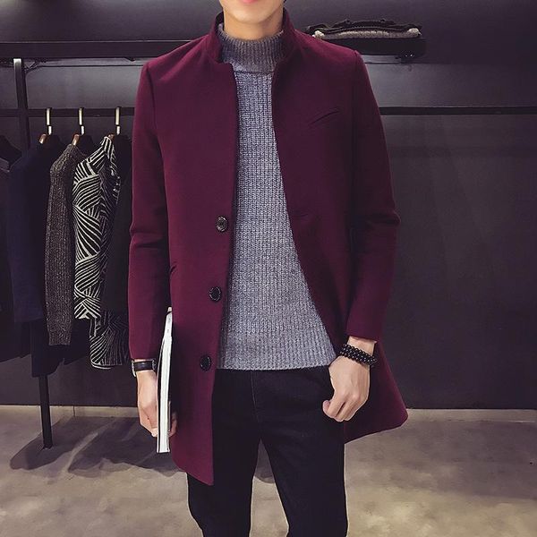 

autumn and winter new style men korean-style slim fit fashion mid-length windbreaker large size stand collar woolen coat solid c, Black