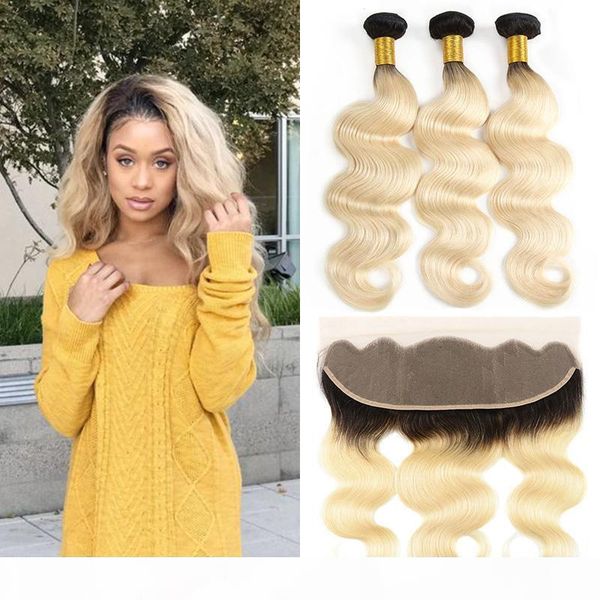 

body wave 1b 613 ombre blonde bundles with frontal black root brazilian virgin human hair weave 3bundles with 13x4 lace frontal 10-24 inch, Black;brown