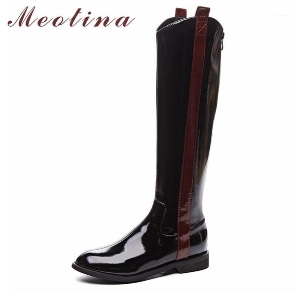 

meotina winter western boots women natural genuine leather flat knee high boots mixed colors zipper shoes ladies fall size 34-391, Black