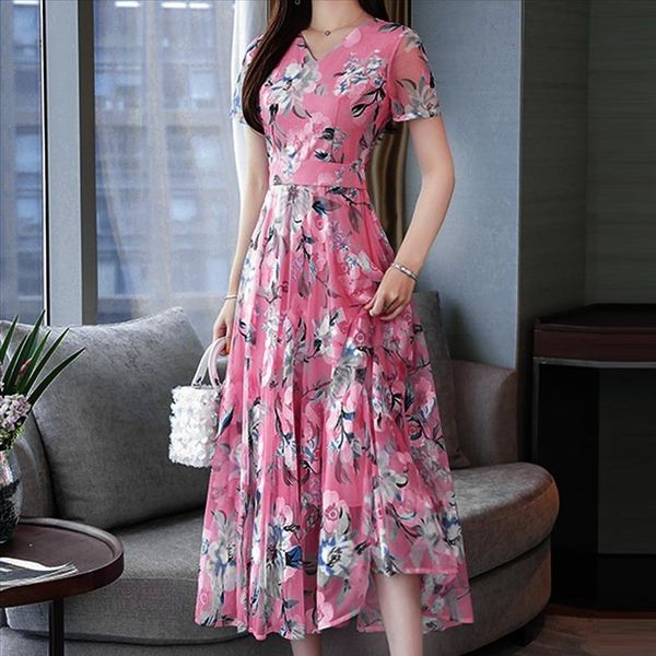 

floral dress women elegant slim fit women summer short sleeve printing sun dress vestidos largos drop shipping, Black;gray
