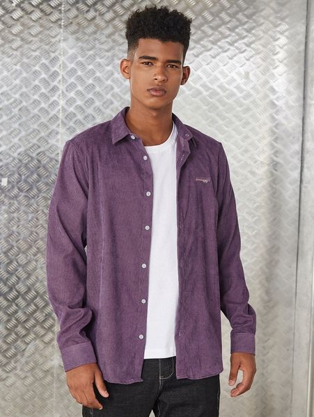 

men logo embroidery button front corduroy shirt j8i6#, White;black