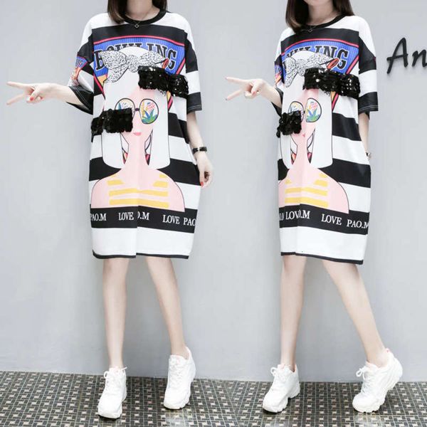 

extra fat plus size women's women's fat mm style printed beads short sleeve loose holiday dress, White