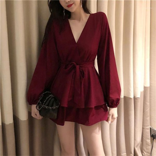 

2019 new summer women jumpsuit deep v neck rompers long sleeve short mini bodysuit slim a line playsuit club wear1, Black;white