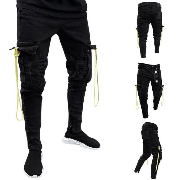 

oeak men slim racer biker jeans fashion hiphop jeans denim skinny 2020 new fashion creative design zipper pants, Blue