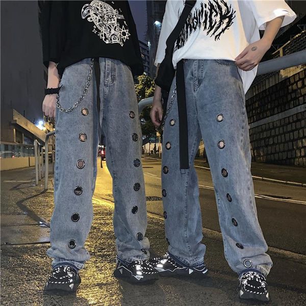 

men's jeans nice summer net red with the same paragraph broken copper retro tide male style loosewideleg fashionharajukupersonalityjean, Blue