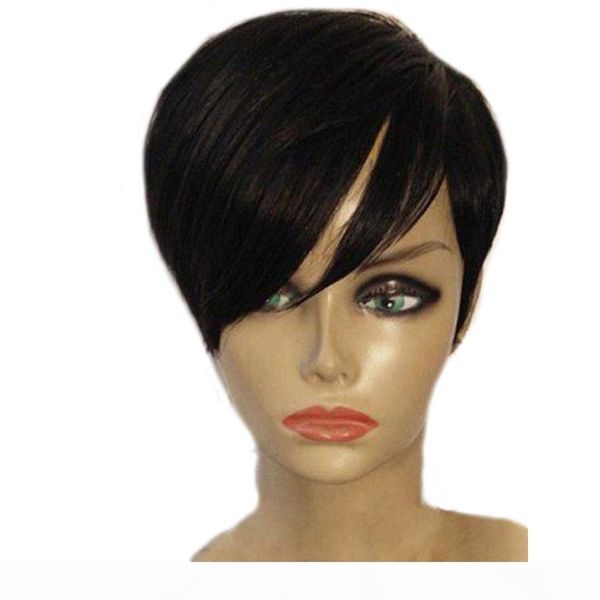 

short straight bob pixie cut human hair brazilian lace front wig with bangs for black women remy preplucked, Black;brown