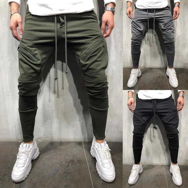 

2021 men business casual cotton slim straight trousers spring summer long pants multi-pocket zip-up sweatpants jogging pants, Black