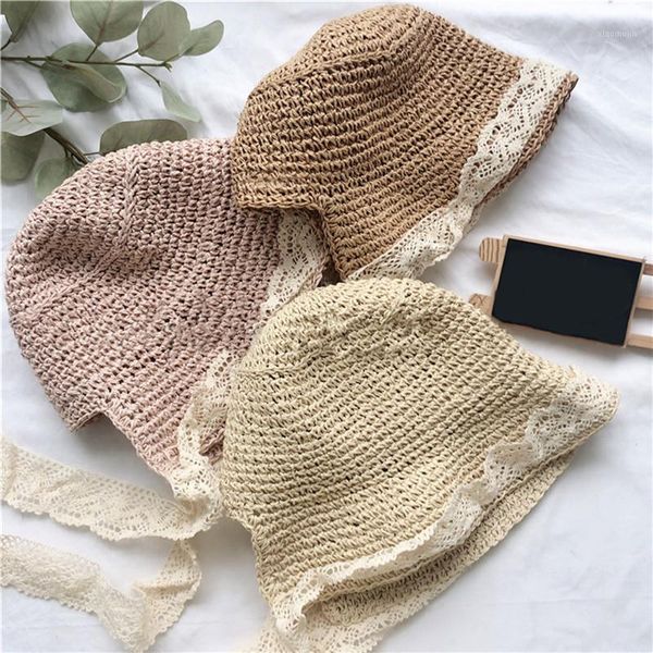 

caps & hats children summer hat solid color breathable straw casual hollow out lace sunproof foldable bonnrt kid cap outdoor beach cap1, Yellow