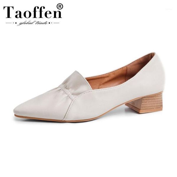 

taoffen 2020 women soft pumps pu leather office work retro simple casual shoes women pointed toe ruffles pumps size 32-431, Black