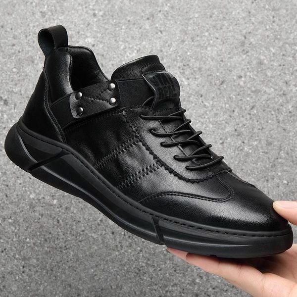 

2020 autumn new men's casual split leather shoes korean breathable designer men sneakers elastic band loafer shoes, Black
