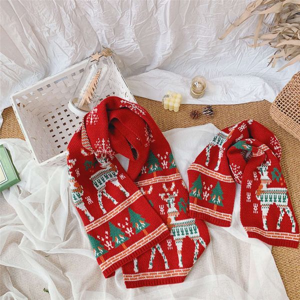 

child children's parent knitting scarf jacquard new deer neckband christmas gift red wool warm towel uiae, Red;brown