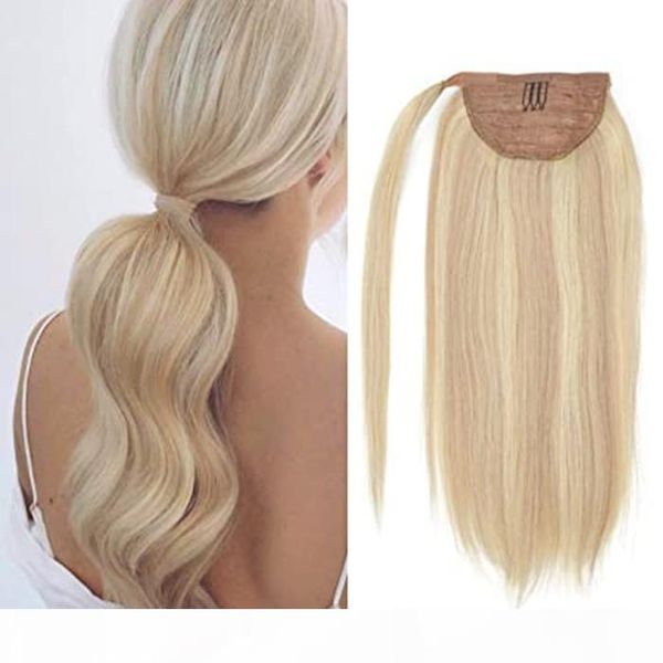 

well balayage ombre ponytail extension p18 613 clip in ponytail human hair wrap around ponytail long straight highlight ash blonde pony tail, Black