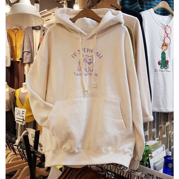 

2sf4bhooded thickened plush sweater for women autumn / winter 2020 new korean loose foreign style printed lazy coat, Black