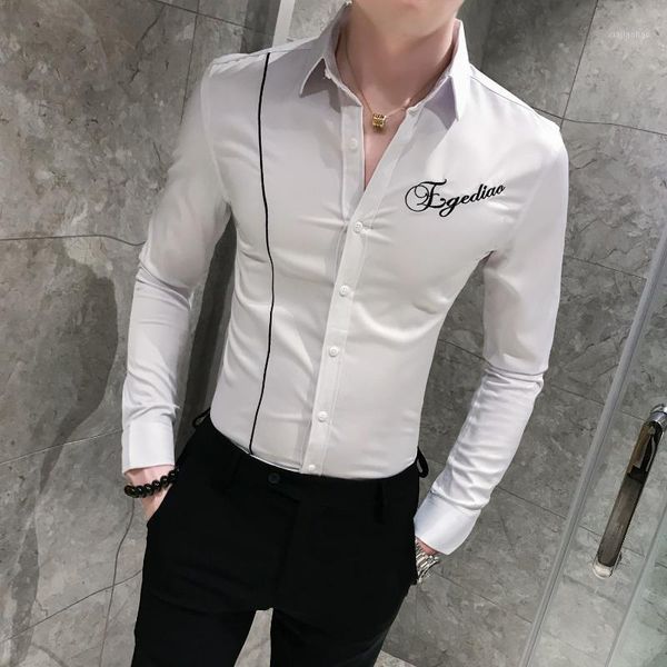 

flower embroidery shirts men camisa homem line decoration men clothes 2019 autumn korean shirt man long sleeve camisa masculina1, White;black
