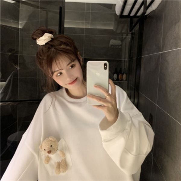 

bfhvj 2020 autumn new korean style bear long sleeve creative solid color online red loose women's long sleeve sweater for coat sweate, Black