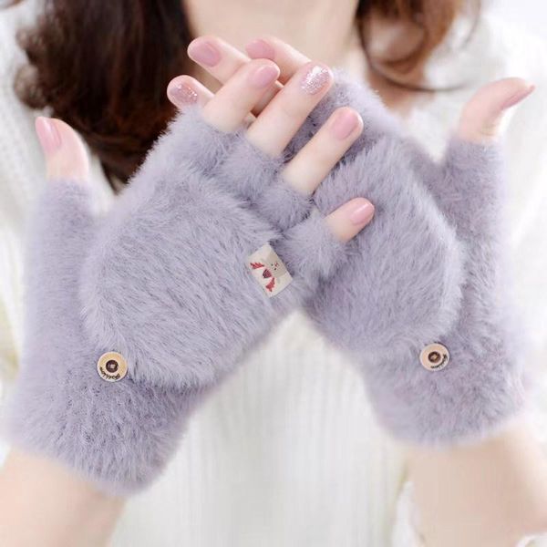 

five fingers gloves 1 pair winter outdoor women hand warmer flip gift soft half finger mittens knitted thicken artificial wool thermal, Blue;gray
