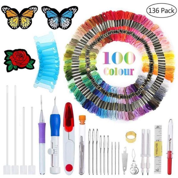 

136pcs cross stitch kits embroidery tools sewing thread kit 100 skeins 36 tools needles 35p1, Black;white