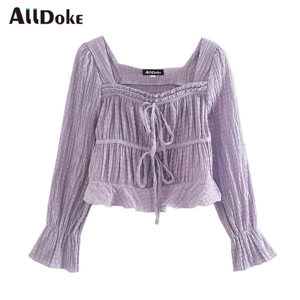 

women's blouses & shirts alldoke purple vintage women blouse summer square collar long sleeve shirt femme lace up ladies blusas mujer, White