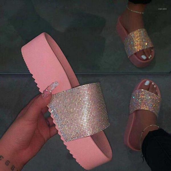 

litthing rhinestones platform slippers women bling flat sandals outside 2020 summer fashion ladies crystal slippers slides1, Black