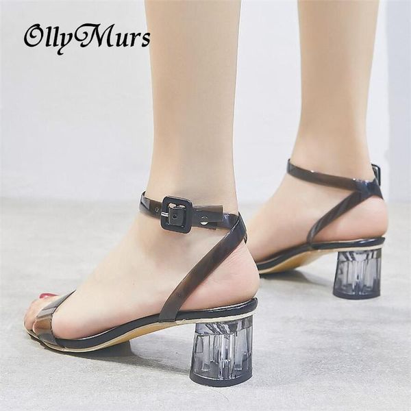 

women sandals ankle strap perspex high heels pvc clear crystal concise classic buckle strap shoes size 34-40, Black