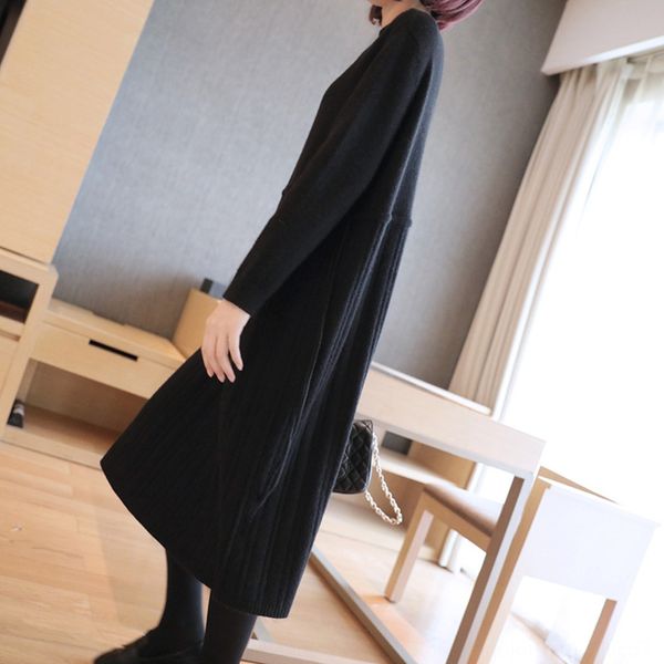 

knitted solid color autumn winter 2020 korean new skirt women's dress middle length waist closing long sleeve bottomed wool dress v7zdx, Black;gray