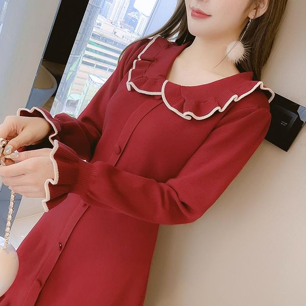 

casual dresses red knitted dress women's autumn and winter reduced age show thin small middle length baby collar french, Black;gray