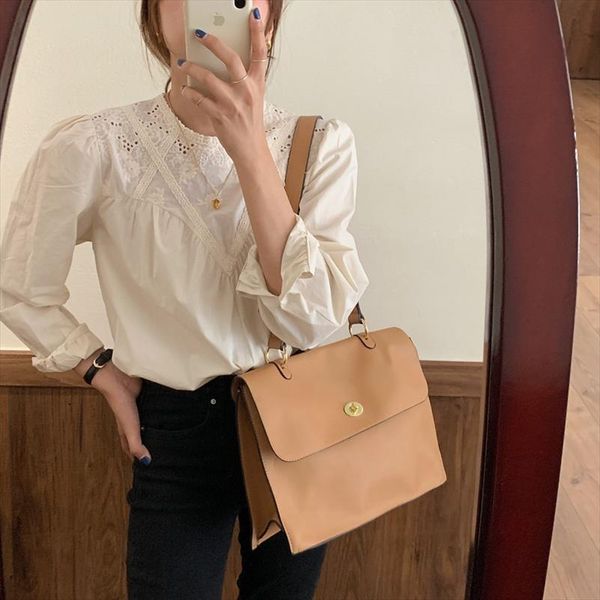 

2020 new autumn elegant shirt femme korean style hollow out embroidery flower puff sleeve sweet blouses women, White