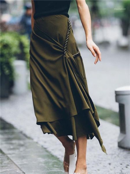 

2020 spring summer women irregular midi skirt new braided knotted decoration ladies high waist a-line female long skirt1, Black